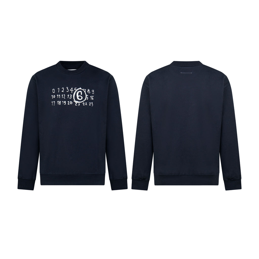 Navy crewneck sweatshirt with numbered graphic on front, long sleeves