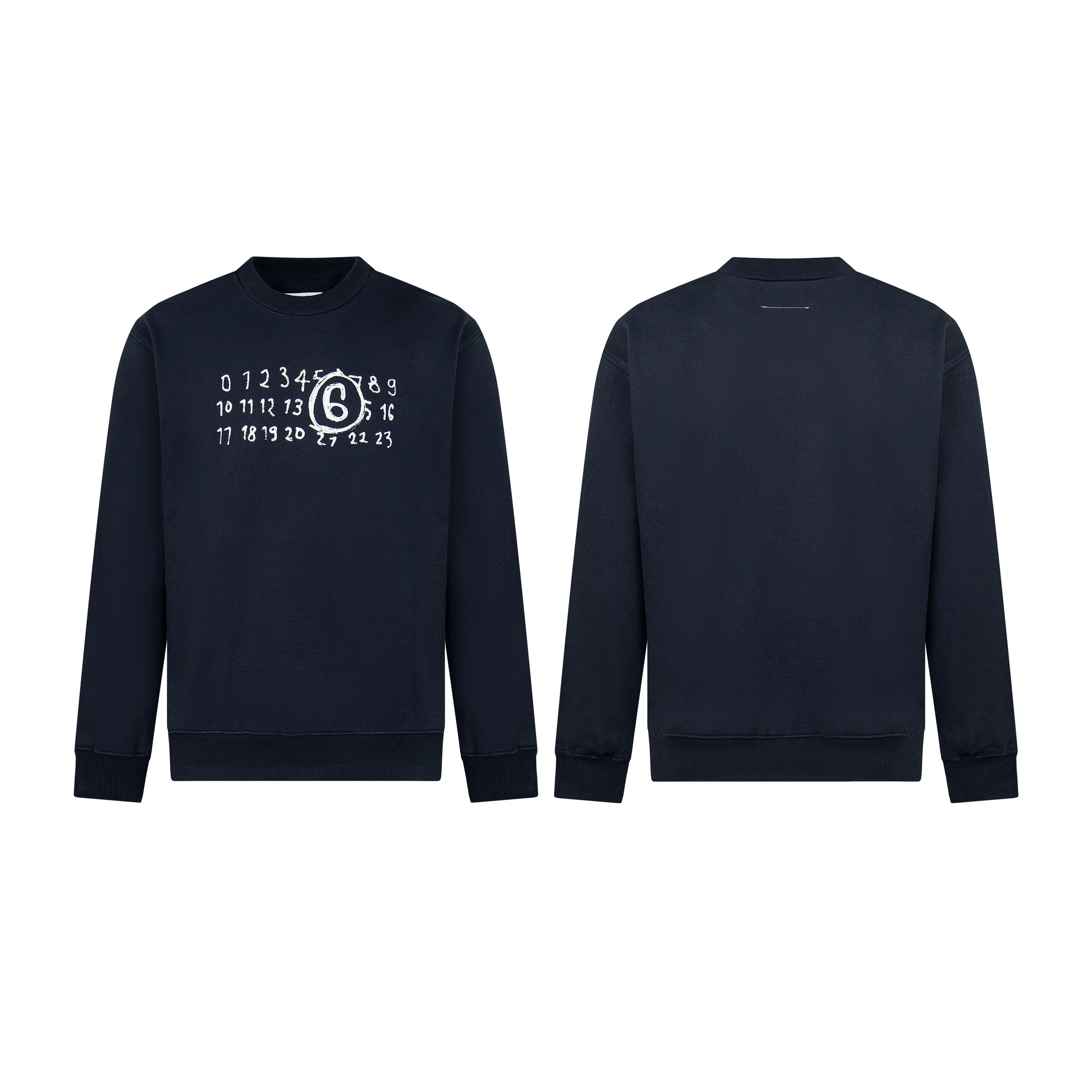 Navy crewneck sweatshirt with numbered graphic on front, long sleeves