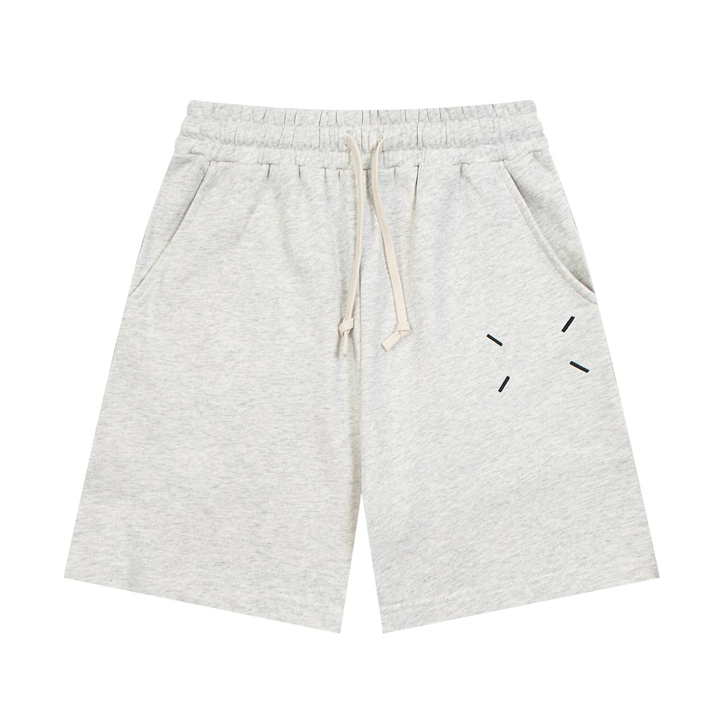 Heather gray Maison Margiela shorts with elastic waist, drawstring, and dash graphic.