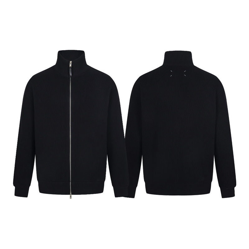 Black knit zip-front jacket shown front and back views with stand collar