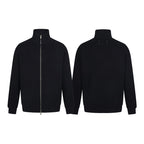 Black knit zip-front jacket shown front and back views with stand collar