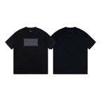 Black short-sleeve T-shirt showing front and back, with gray center graphic