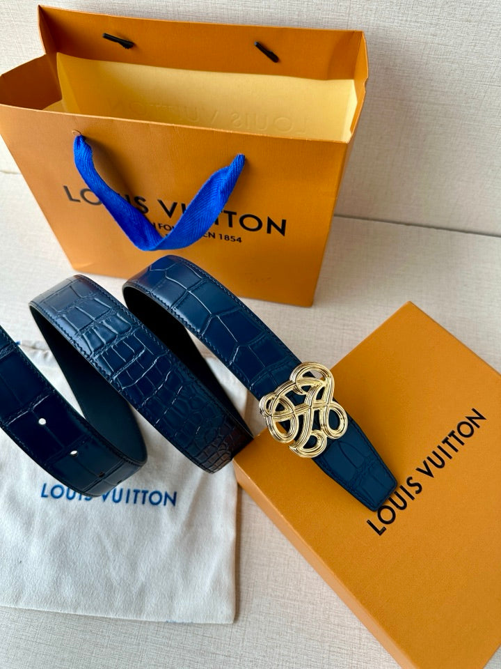 Louis Vuitton belt set: dark blue embossed leather with gold-tone buckle