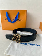 Dark navy croc belt with gold-tone interlaced buckle and cloth wrap