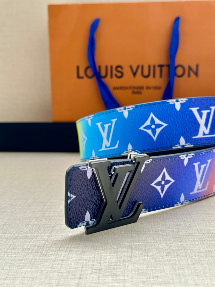 Blue logo-print belt with silver LV buckle, close-up of buckle face