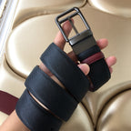 Belt with dark blue textured strap, burgundy leather section, and silver-tone metal buckle