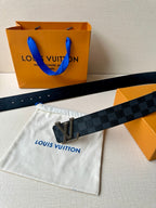Checkered leather belt with silver-toned LV buckle and perforated adjustment holes