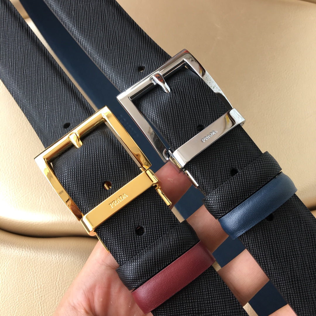 Prada belt pair, gold buckles on dark textured straps with burgundy trims