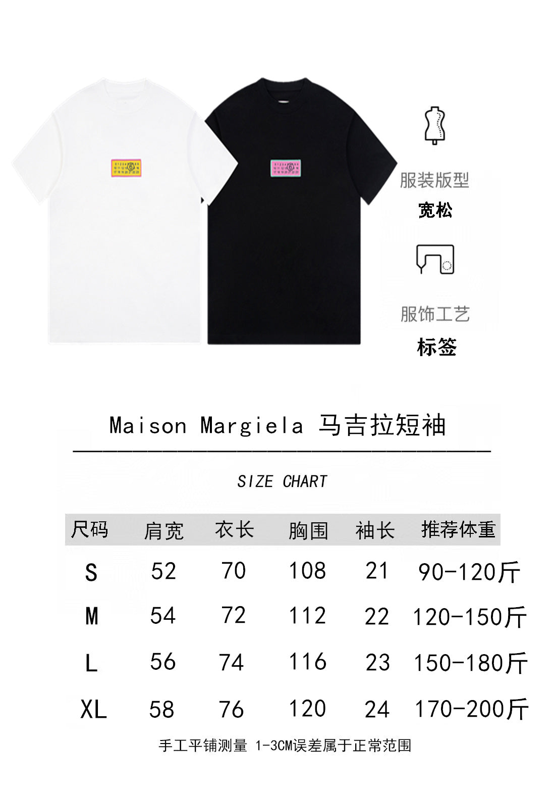 T-shirt size chart poster with front silhouettes and measurement table