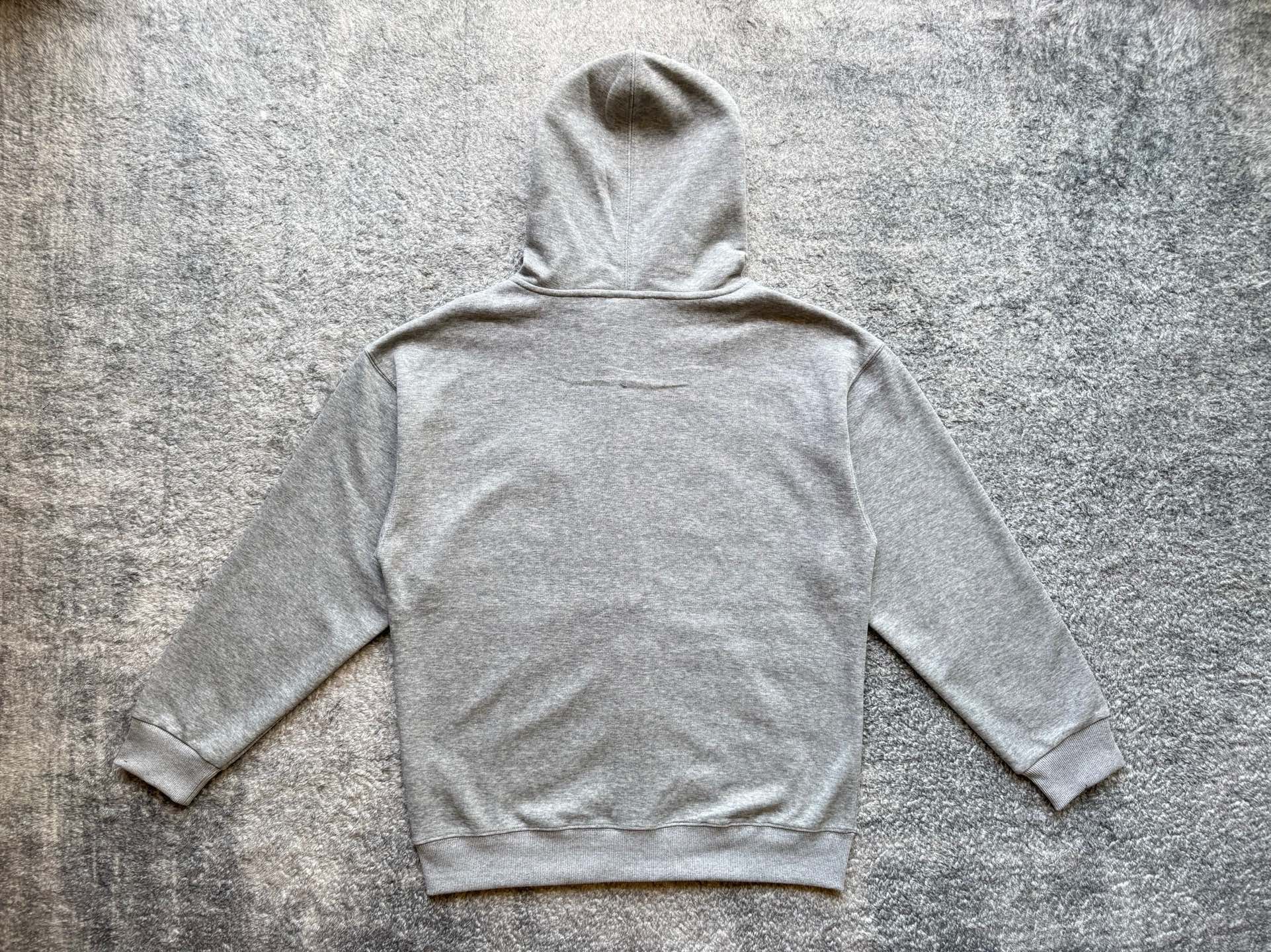 Gray pullover hoodie back view with hood and kangaroo pocket