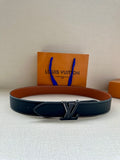 Louis Vuitton belt in dark blue leather with silver LV buckle and white edge stitching