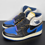 High-top sneakers pair angled view with black leather, blue panels, white collar, purple lace
