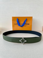 Green textured leather belt with silver star buckle centerpiece