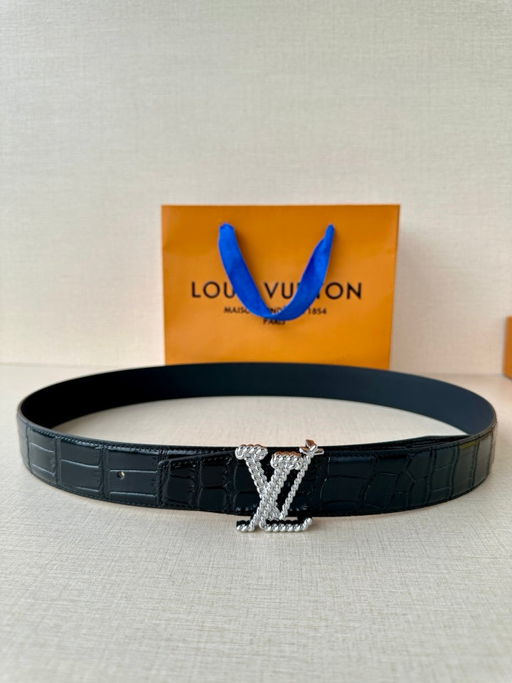 Croc-embossed leather belt in dark blue with gold-tone LV buckle