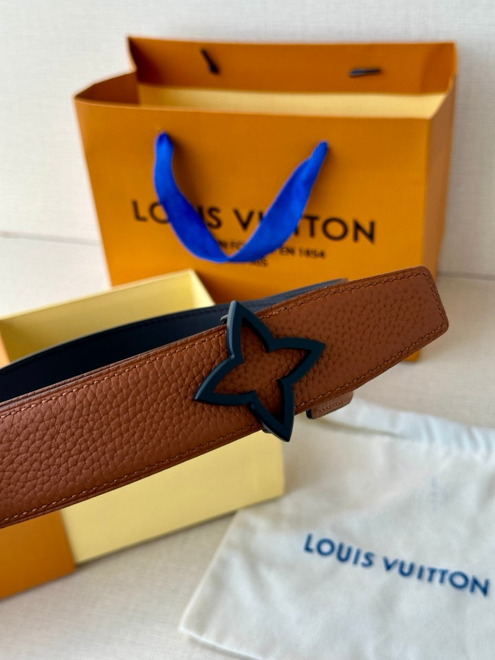 Louis Vuitton brown leather belt close-up of star buckle, side view