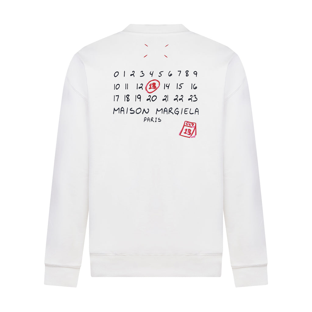 White crewneck sweatshirt with back graphic numbers and Maison Margiela patch