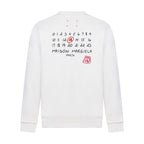 White crewneck sweatshirt with back graphic numbers and Maison Margiela patch
