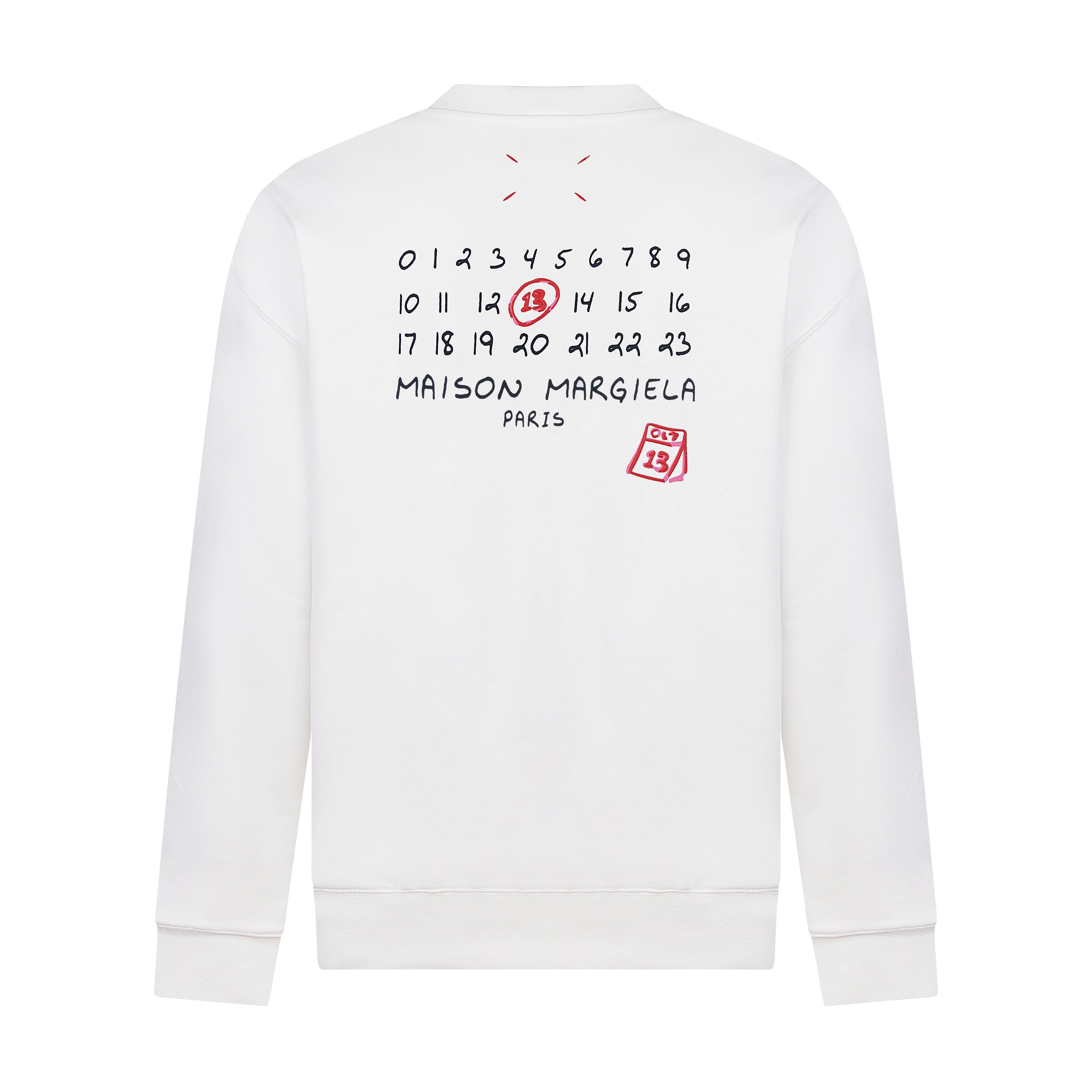 White crewneck sweatshirt with back graphic numbers and Maison Margiela patch