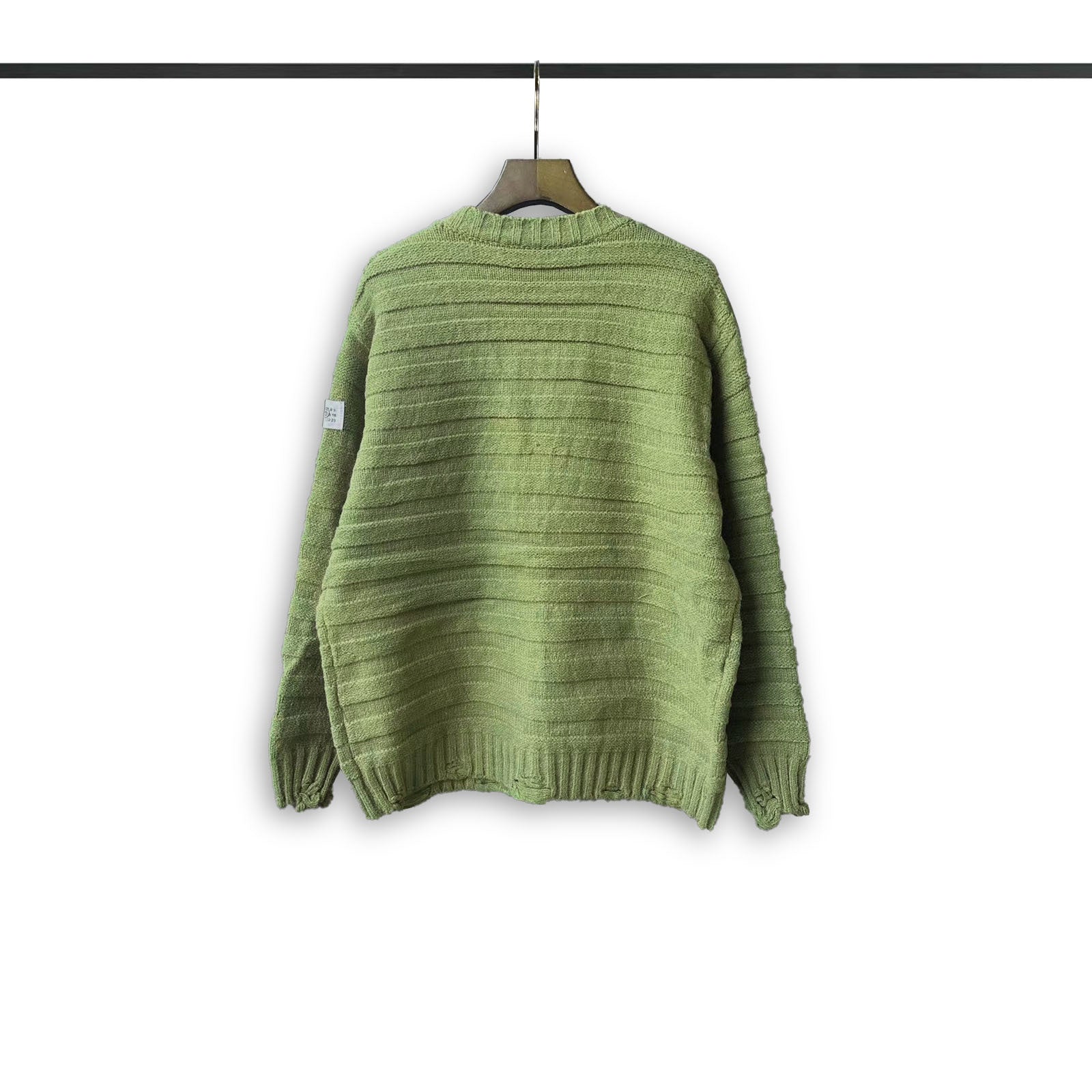 Maison Margiela green knit cardigan back view with ribbed stripe texture