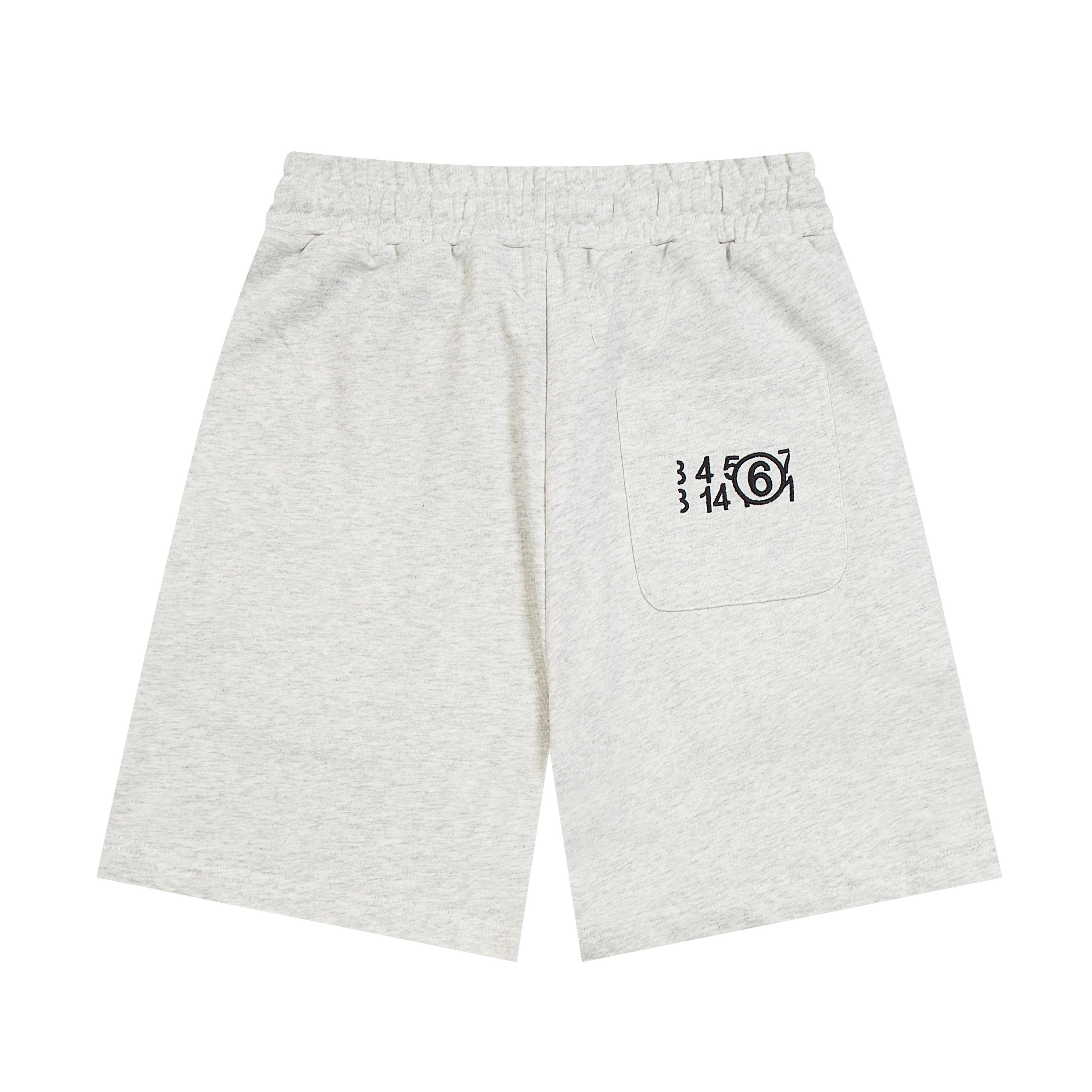 Heather gray Maison Margiela shorts with drawstring and logo graphic on front pocket.