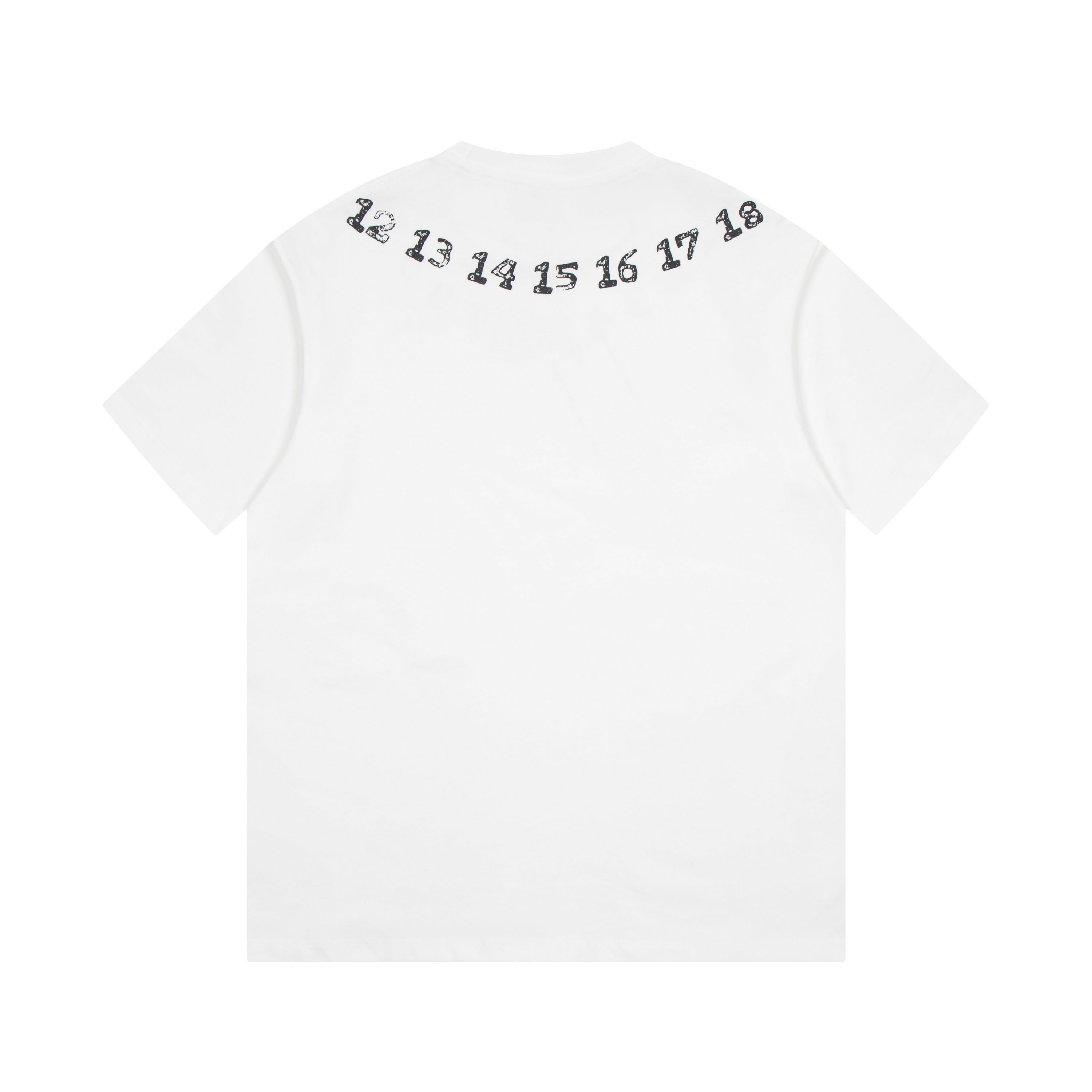 White T-shirt back with row of numbers graphic