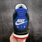 Black and blue heel patch sneaker with NIKE AIR text, white midsole, red outsole