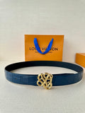 Louis Vuitton belt, dark blue embossed leather with gold-tone knot buckle