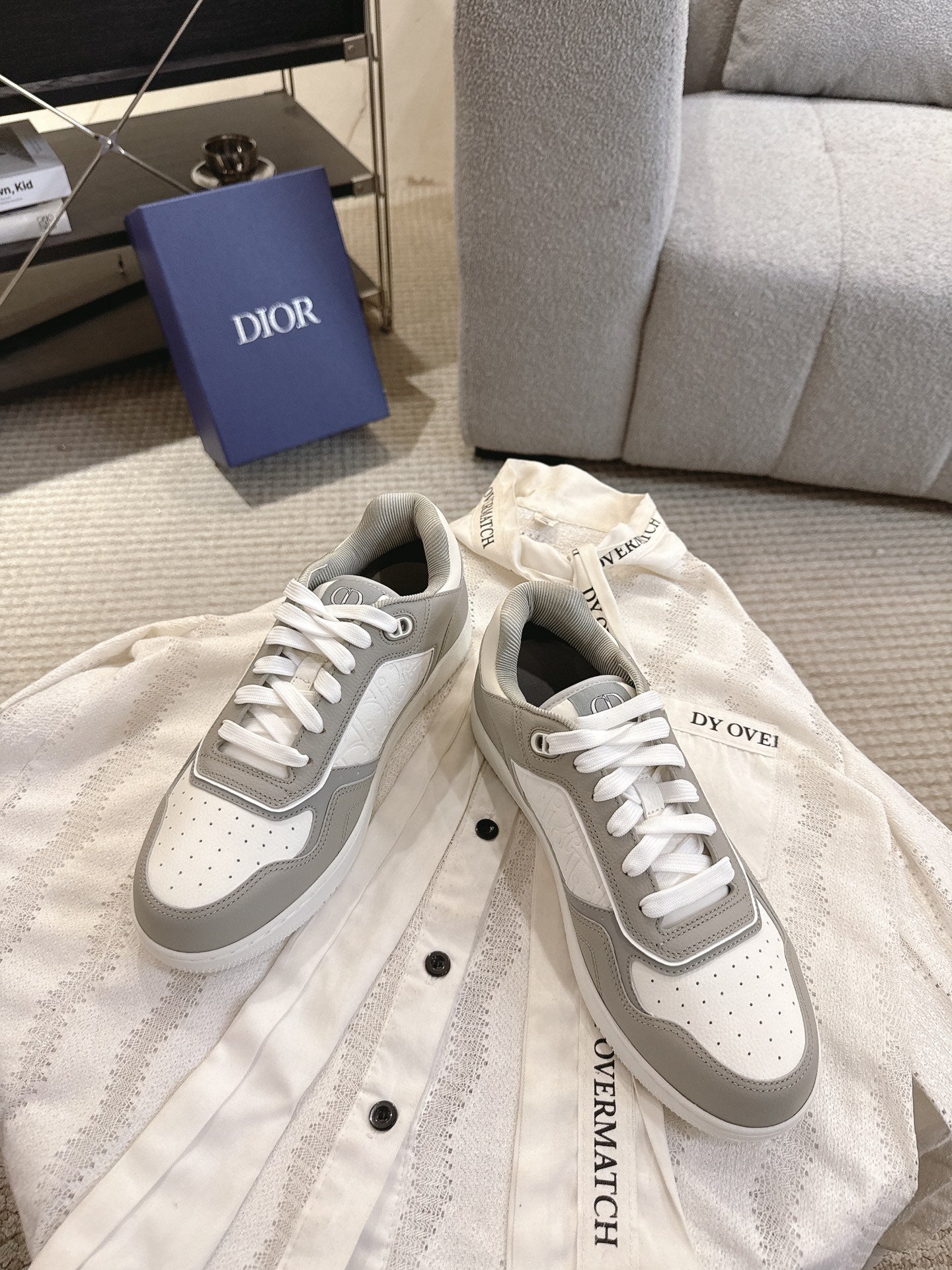 Dior unisex sneakers, white uppers with gray side stripes, lace-up