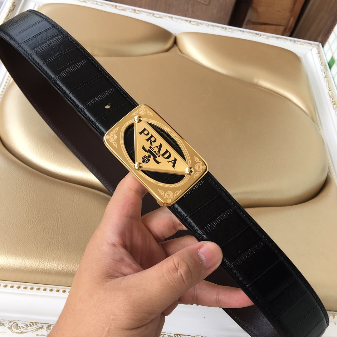 Black leather belt with gold Prada logo buckle and keeper holes