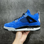 Air Jordan 4 sneakers, blue suede with black accents and grid mesh panel, white sole