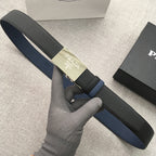 Dark belt with gold-tone buckle and navy backing strap