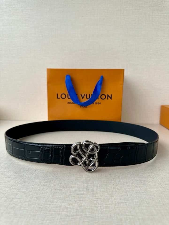 Louis Vuitton belt with dark navy croc pattern and silver interlaced buckle