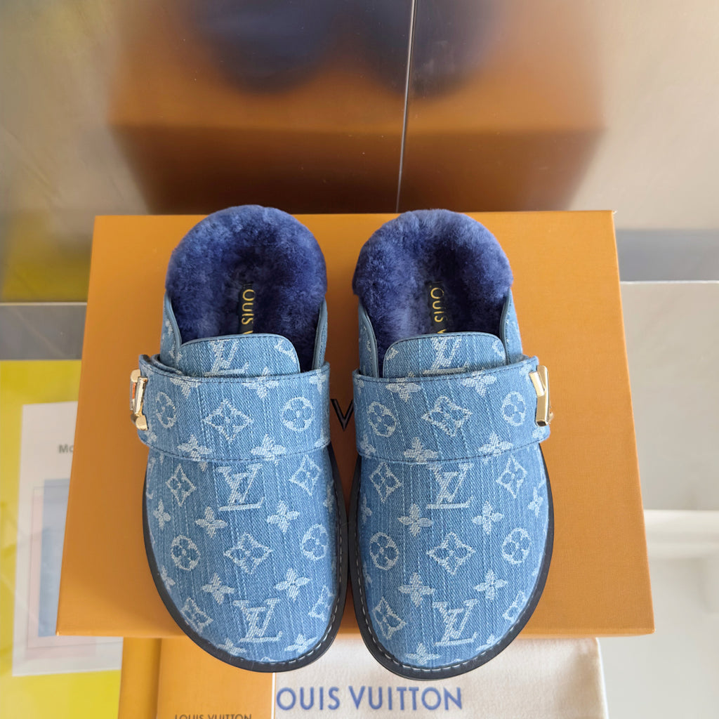 Louis Vuitton monogram sandals with double strap and plush navy lining