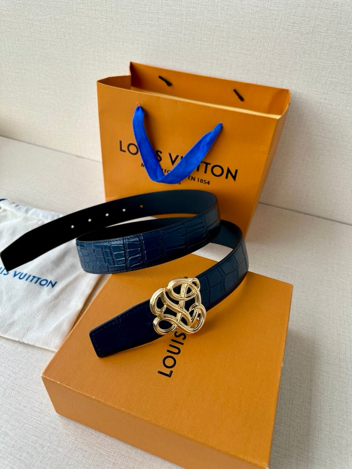 Louis Vuitton belt: dark blue embossed leather with silver-tone buckle