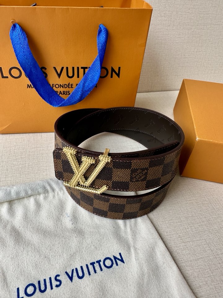 Louis Vuitton Damier check belt with gold V buckle on dark brown strap