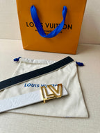 White leather belt with LV logo buckle and adjustment holes