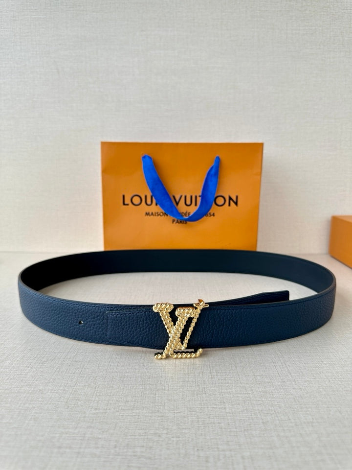 Louis Vuitton leather belt in dark blue with gold-tone monogram buckle, center view