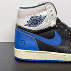 High-top sneakers with white collar panel, black leather and blue swoosh, cream midsole