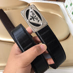 Prada belt with dark leather strap and silver PRADA logo buckle, stitched edge