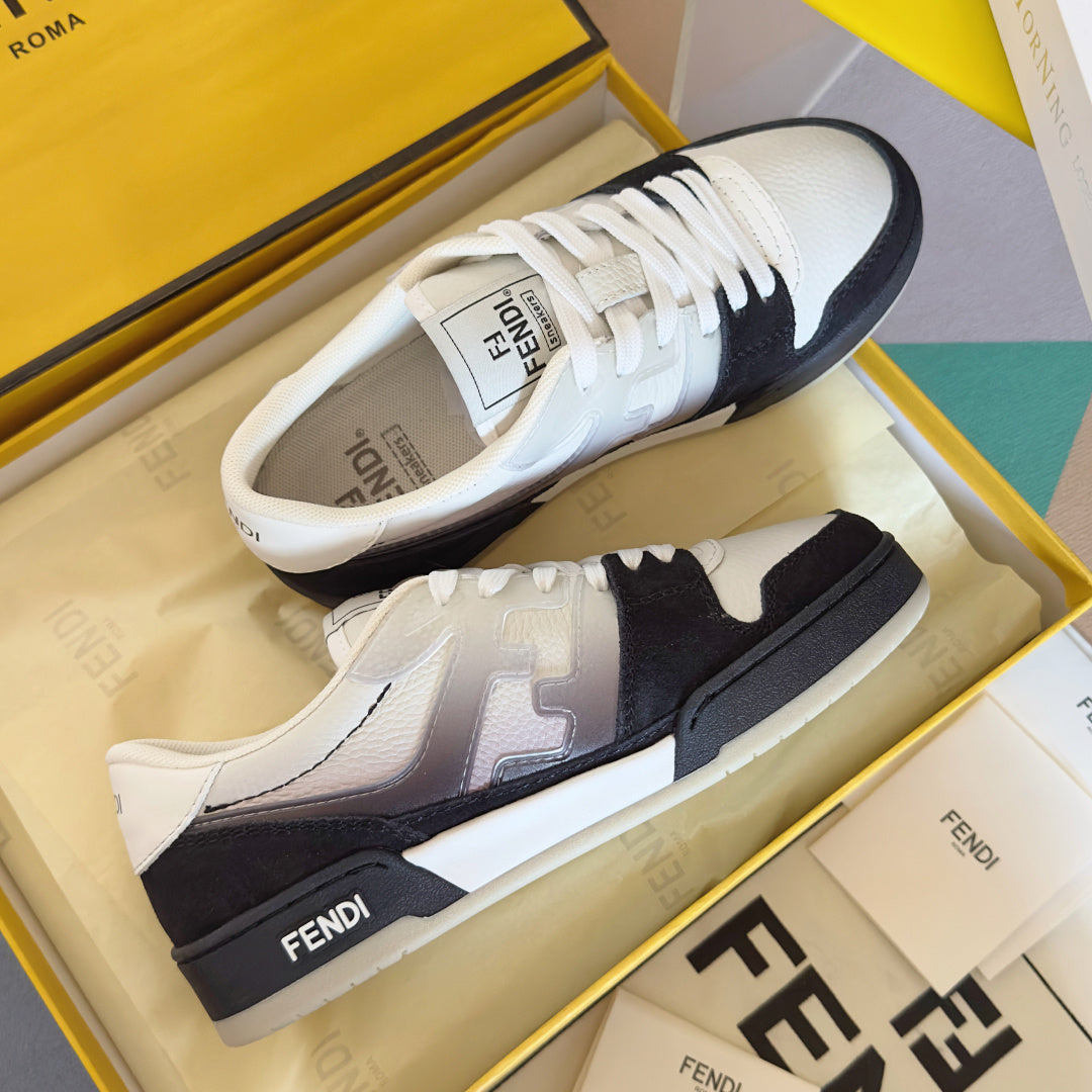 Lace-up sneakers in a box: white leather with black overlays, FENDI label on tongue