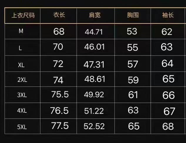 Size chart table showing garment measurements for sizes M to 5XL