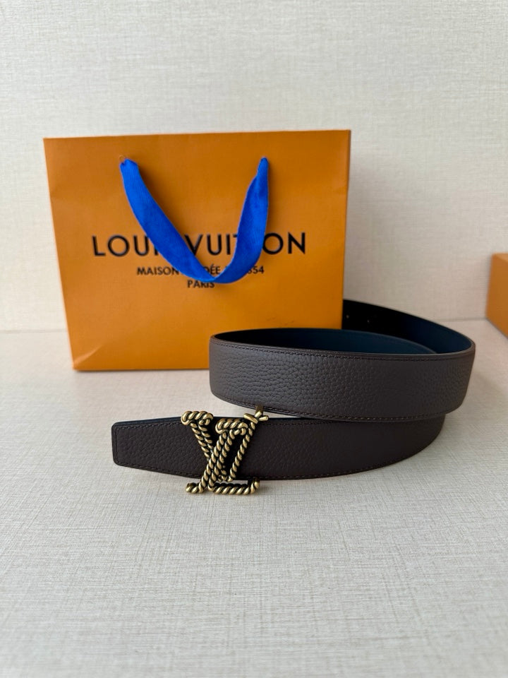 Louis Vuitton belt with dark leather strap and gold-tone interlaced buckle