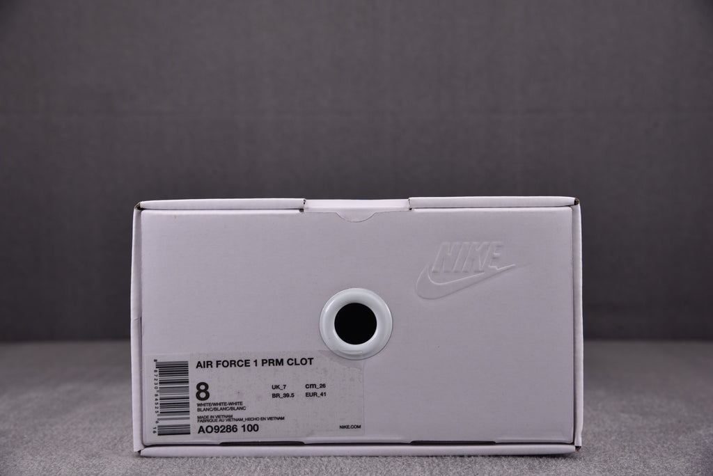 Nike shoebox labeled Air Force 1 PRM CLOT, size 8