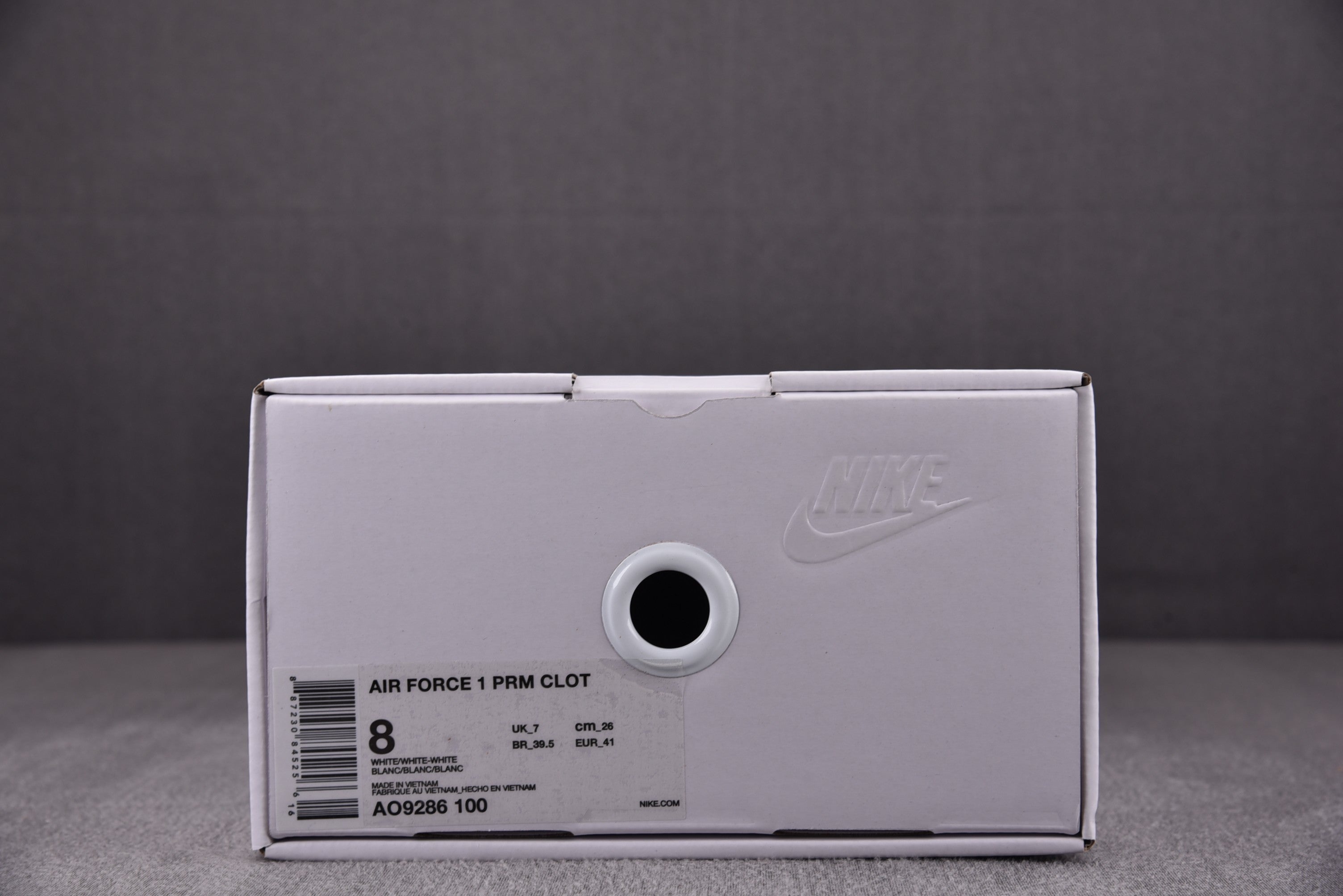 Nike shoebox labeled Air Force 1 PRM CLOT, size 8
