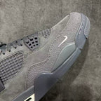 Gray suede sneaker profile with Swoosh mark and translucent side wing detail