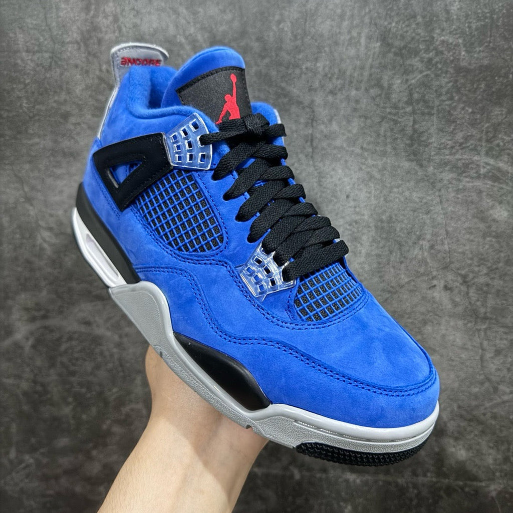 Air Jordan 4 sneakers with blue suede upper, black laces, clear lace wing and Jumpman on tongue