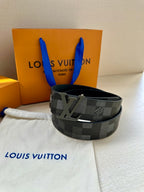 Designer belt with gray Damier pattern and wide LV logo buckle