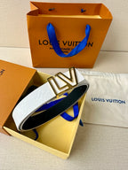 White leather belt with LV logo buckle, angled view