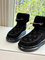 Louis Vuitton unisex black ankle boots with buckle strap and monogram pattern