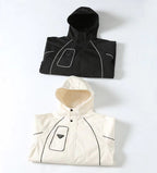 Black and white hooded jackets side-by-side with front pockets and button placket